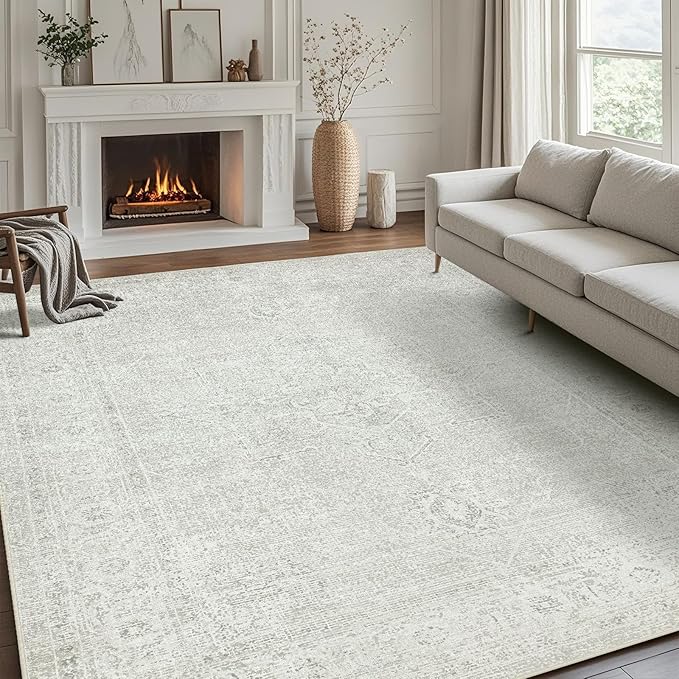 Srugn Washable Rugs 5x7 Area Rugs for Living Room,Bedroom,Large Carpets,Ultra Soft Faux Wool Retro Dining Room Rug,Non Slip&Non-Shedding Low Pile Vintage Rugs for Home Office,Concrete Grey