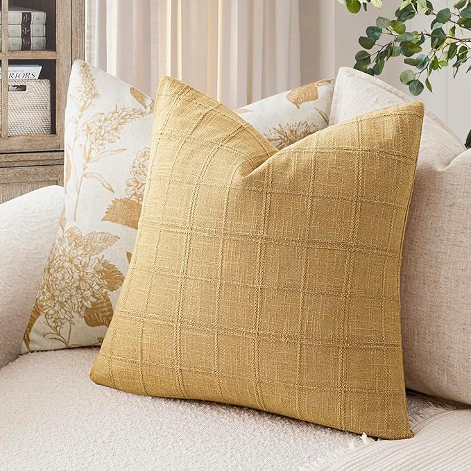 Foindtower Set of 2 Decorative Linen Check Throw Pillow Covers Neutral Farmhouse Vintage Cushion Covers Modern Boho Accent Home Decor for Sofa Chair Couch Bedroom Living Room,24×24 Inch,Amber Gold