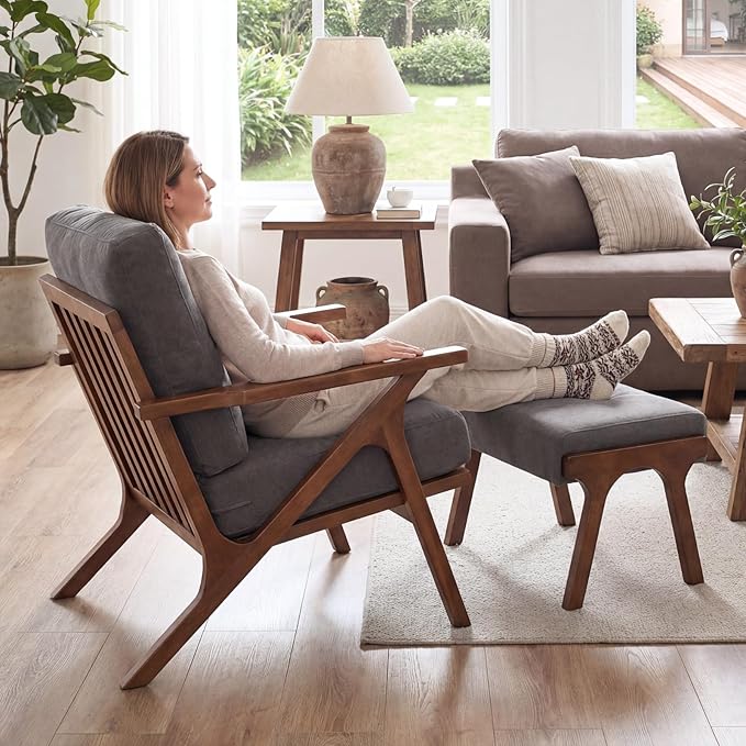 chairus Mid-Century Modern Accent Chair with Ottoman, Comfy Upholstered Lounge Armchair with Removable Cushions & Solid Wood Frame, Reading Chair for Living Room Bedroom Office, Grey Denim Fabric