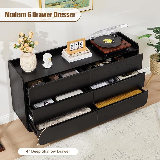 Curved 6 Drawer Dresser for Bedroom, Modern 53-Inch Chest of Drawers, Wood Storage Dresser Organizers with Hidden Handles, 6 Drawer Dressers for Bedroom, Nursery, Living Room, Black