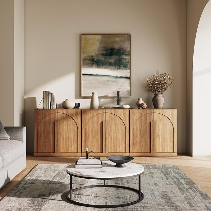 BELLEZE Bijou Modular Media Console Wall Unit (94.5" Wide)-Extra Long Entertainment Center & Storage System-Arched Door Sideboard for Living Room & Office-Hides All Clutter, Camel