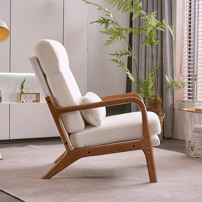 Karl home Accent Chair Mid-Century Modern Chair with Pillow High Back Teddy Fleece Upholstered Lounge Arm Chair with Solid Wood Frame & Soft Cushion for Living Room, Bedroom, Balcony, White