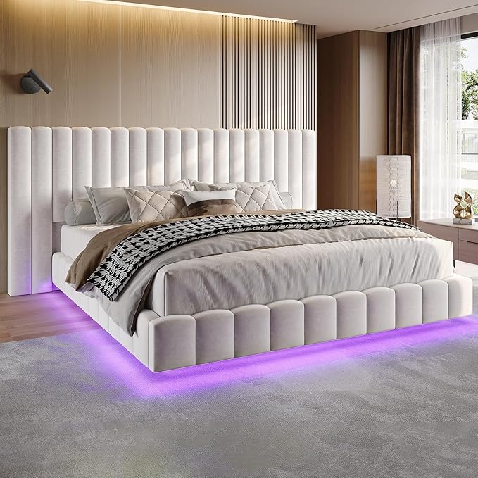 Jocisland King Size Bed Frame with 100" Wide Upholstered Headboard, Modern Velvet Floating Platform with LED Lights Underneath, No Box Spring Needed, Cream