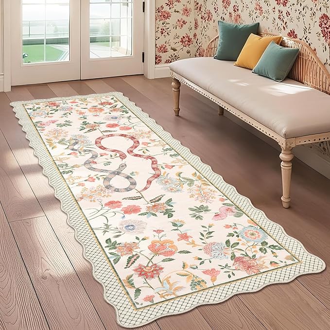 Garvee Washable Runner Snake Scalloped Rug 2x6 Runner Rugs for Hallway, Non-Slip Stain-Resistant Kitchen Runners, Soft Low Pile Non Shedding Carpet for Laundry Entryway Bedroom Bathroom,Beige