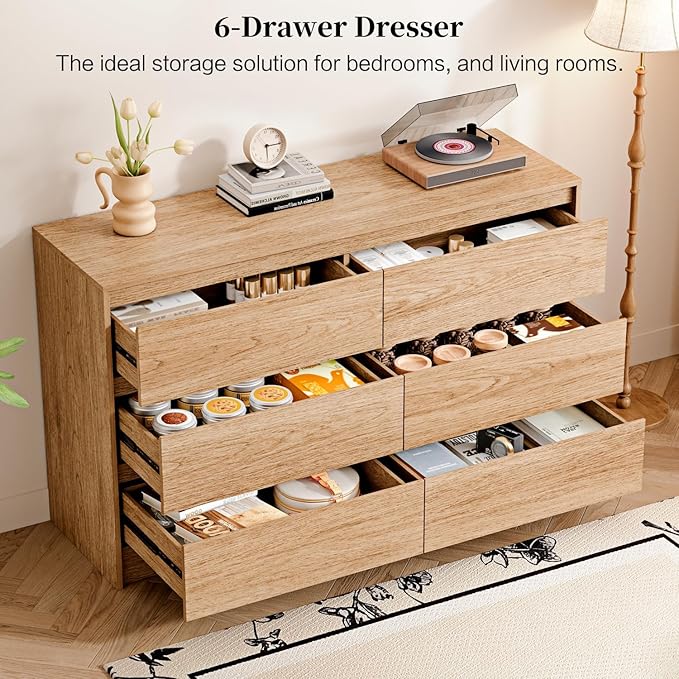 Chrangmay 6 Drawer Dresser,47" Wide Mid Century Chest of Drawers,Wooden Bedroom Drawer Dresser with 6 Storage Drawers for Bedroom,Living Room,with Anti-Tipping Device,Natural