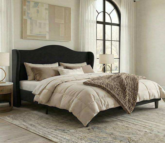 Allewie King Size Bed Frame, Upholstered Wingback Platform with 47" Tall Tufted Headboard, Plush Velvet Fabric, Modern Minimalist Design, No Box Spring Required, Tool-Free Assembly, Black