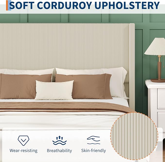 IDEALHOUSE Queen Size Upholstered Platform Bed Frame with Storage Drawers, Corduroy Wingback with Tufted Headboard and Footboard, No Box Spring Needed, Easy Assembly, Beige