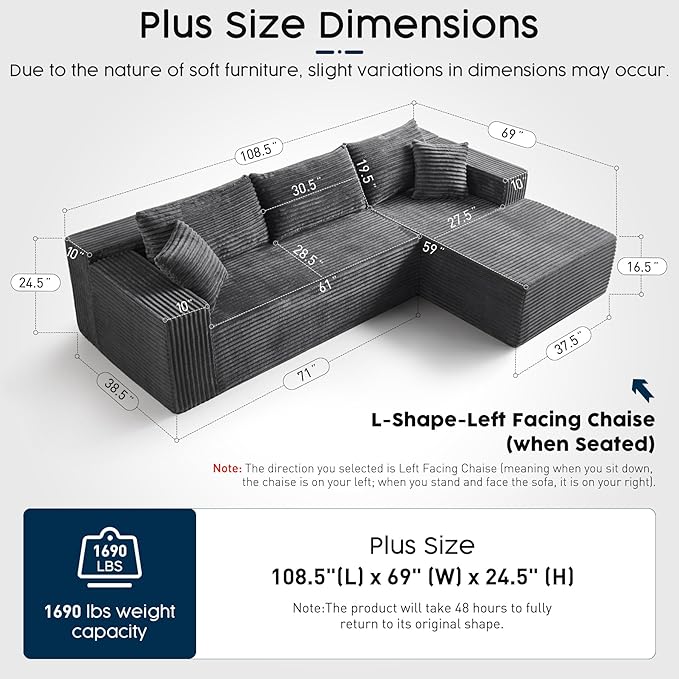 Grey Modular Sectional Couch with 108" L-Shape Chaise, Deep Seat Corduroy Sofa Plush Fabric Cloud-Like Couches for Living Room, No Assembly Modern Minimalist Furniture (Left Facing Chaise)