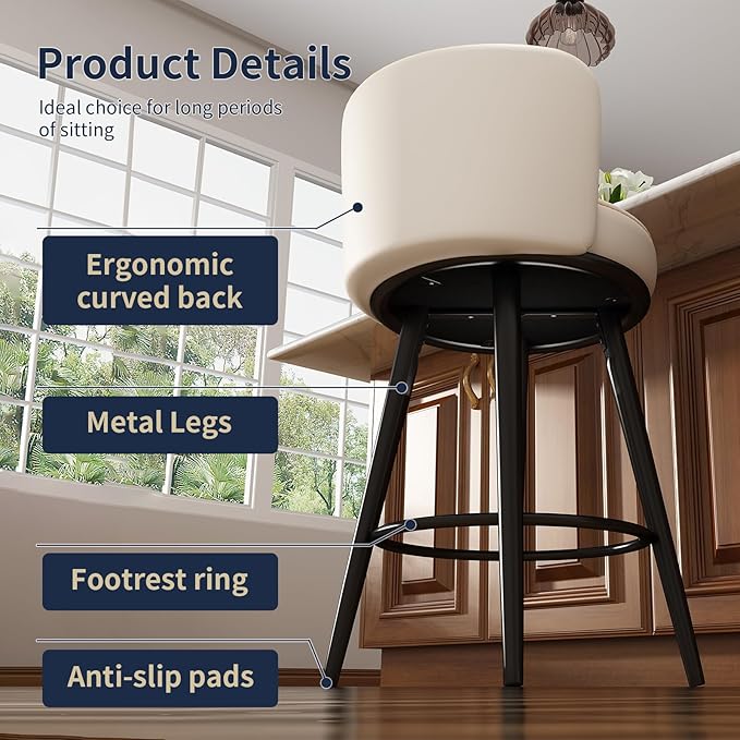HONIFUR Bar Stools Set of 2, 27 Inch Barstools with Sturdy Legs, Leather Farmhouse Counter Height Bar Stool for Kitchen, Dining, Bar (Swivel, White, Leather)