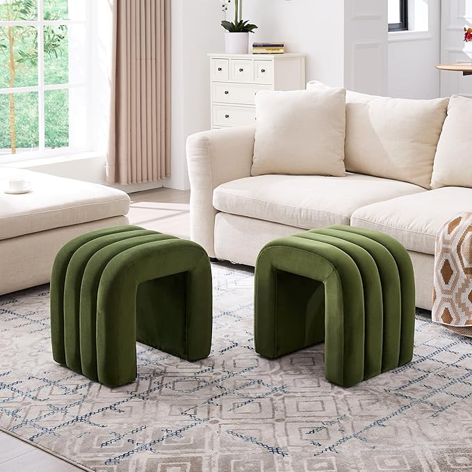 Multi-Functional Ottoman Stool Set of 2, Footrest for Couch, Modern Vanity Stool for Make-up Room, Living Room and Entryway, Small Cute Footstool (Olive Green Velvet)