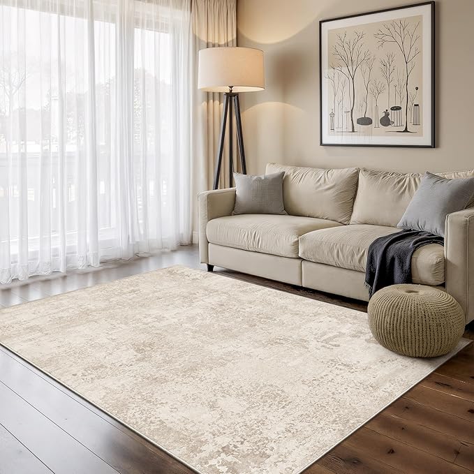 Art&Tuft Washable Rugs 3x5, Anti-Slip Backing Abstract 3x5 Rug, Stain Resistant Rugs for Living Room, Foldable Machine Washable Area Rug (3'x5', Beige)