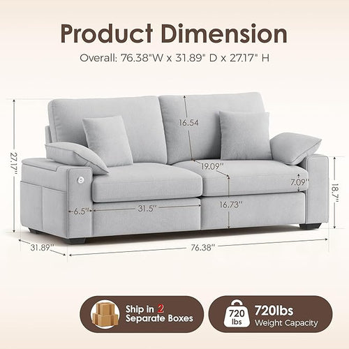 76.38'' Modern Loveseat Sofa, 2 Seats, Light Grey | USB/Type-C Port, Side Storage, Removable Cover, Easy Assembly, For Small Spaces, Living Room