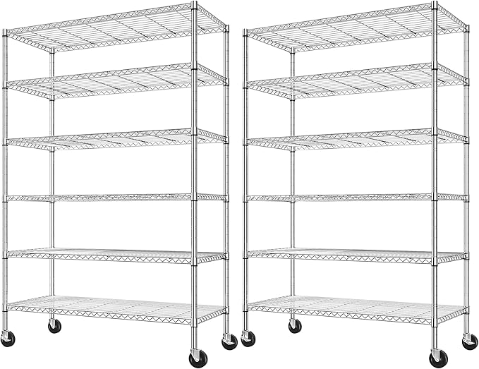 Romorgniz 82" H X45 W X18 D Storage Shelves with Wheels, 6 Tier Wire Shelving Adjustable Metal Shelving Pantry Shelves Capacity 1200LBS for Garage Shelving, Pantry, Kitchen, Commercial, Chrome，2P