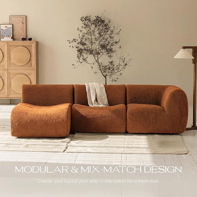 105" Curved Sectional Sofa with Chaise, Boneless 3 Seater Modular Couch, Reversible L-Shaped Couches with High-Density Foam, Modern Lounge Comfort Sherpa Sofas for Living Room – No Assembly, Brown