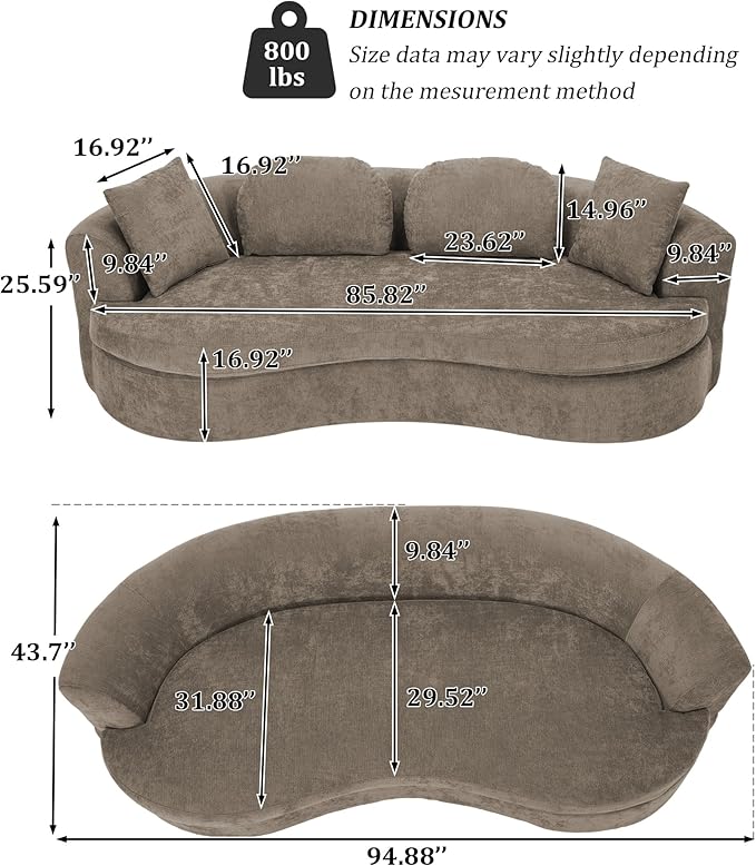 95” Modern Curved Sofa, Chenille Fabric Comfy Cloud Couch, No Assembly Required Half Moon Couch with Deep Seat, 4 Pillows for Living Room, Apartment, Bedroom