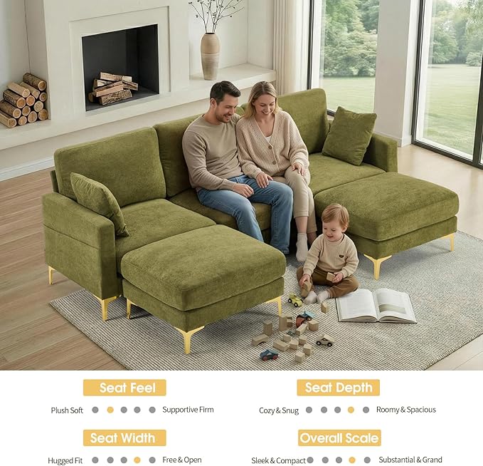 VINGLI 100" W U Shaped Couch with Ottoman, 22" Deep Seat Comfortable Sectional Couches for Living Room, 3 Seater Chenille Fabric Cloud Sofa for Apartment, Small Spaces, Bedroom, Green