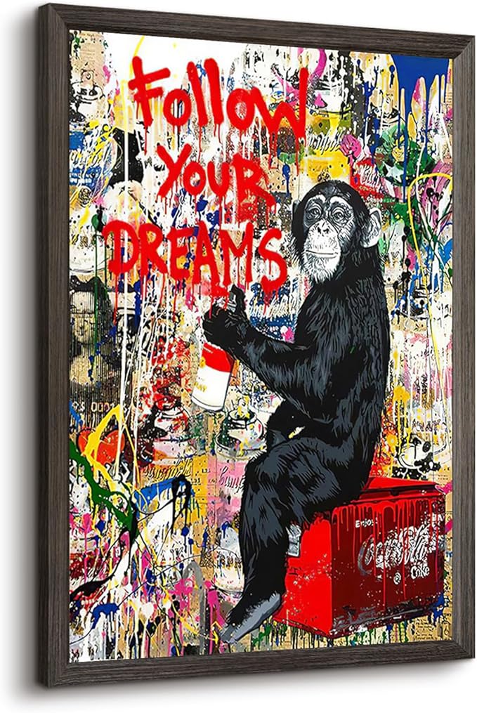 Banksy Canvas Wall Art Monkey Follow Your Dreams Street Graffiti Wall Art Banksy Prints Gorilla Poster Monkey Artwork Graffiti Pictures Painting for Home Living Room Decor 16x24 Inch Wood Framed