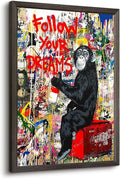 Banksy Canvas Wall Art Monkey Follow Your Dreams Street Graffiti Wall Art Banksy Prints Gorilla Poster Monkey Artwork Graffiti Pictures Painting for Home Living Room Decor 16x24 Inch Wood Framed