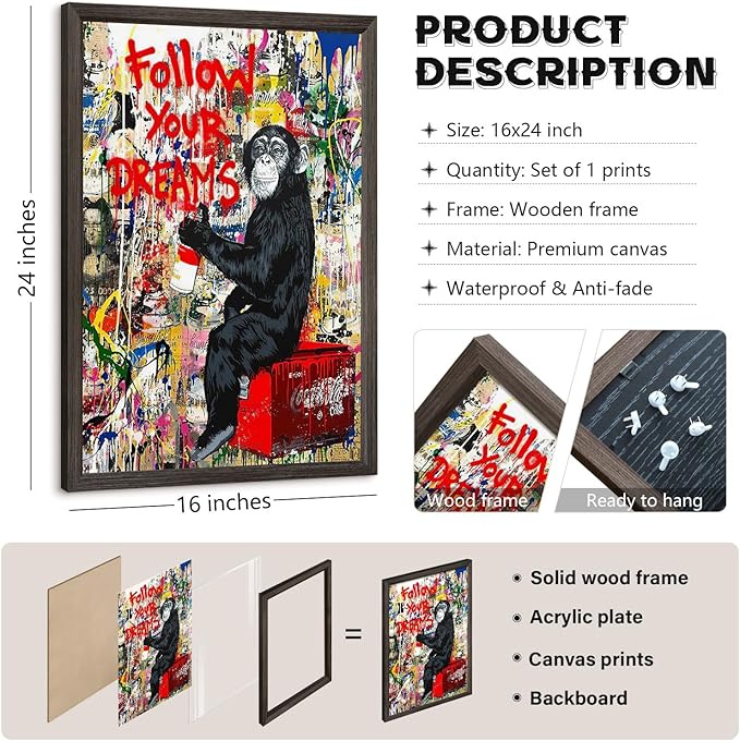 Banksy Canvas Wall Art Monkey Follow Your Dreams Street Graffiti Wall Art Banksy Prints Gorilla Poster Monkey Artwork Graffiti Pictures Painting for Home Living Room Decor 16x24 Inch Wood Framed