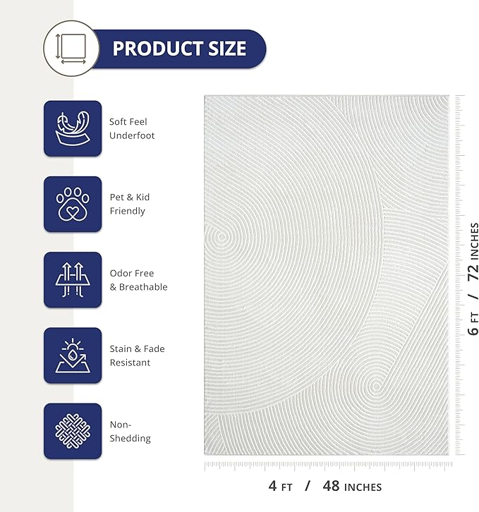 Abani Neutral Cream Area Rug 4' x 6' | White Luxury Zen Carpet | Minimalist Ivory Rugs for Bedroom, Living Room and Dining