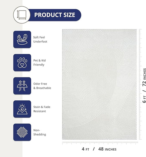 Abani Neutral Cream Area Rug 4' x 6' | White Luxury Zen Carpet | Minimalist Ivory Rugs for Bedroom, Living Room and Dining