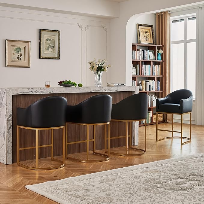 Counter Height Bar Stools Set of 3,Modern Counter Height Bar Stools,PU Leather Upholstered Barrel Barstools with Backs,26'' Kitchen Island Chairs,Metal Gold Frames,Ink Black Leather