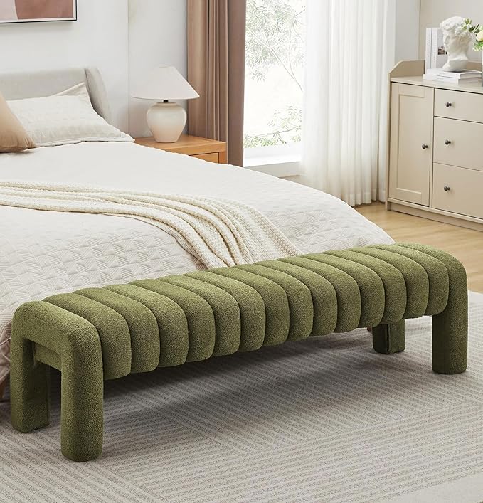 63" Boucle Bed Bench, Cute Upholstered Channel Tufted Bench for Entryway, Accent Window Seat for Living Room, Modern Minimalist Ottoman Foot Stool, Linen Green