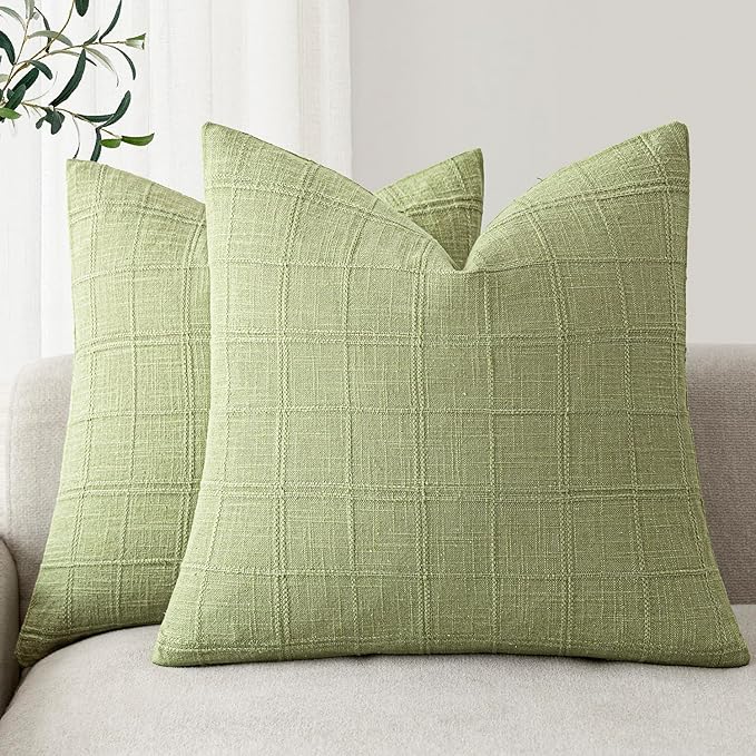 Foindtower Set of 2 Decorative Linen Check Throw Pillow Covers Neutral Farmhouse Vintage Cushion Covers Modern Boho Accent Home Decor for Sofa Chair Couch Bedroom Living Room,20×20 Inch,Light Green