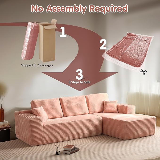 ovios 104" Cloud Boneless Couch with L-Shape Chaise,Modern Sectional Modular Sofa with Deep Seat, Upholstered Couches for Living Room Bedroom,No Assembly Required, Pink (Plush Corduroy Fabric)