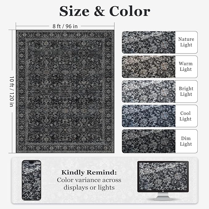 Vintage Dark 8x10 Area Rugs for Living Room, Retro Earth Tone Carpet Rug for Bedroom Dining Room, Low Pile Thin Washable Non Slip Room Carpet Rug for Home Office Guest Room Family Room