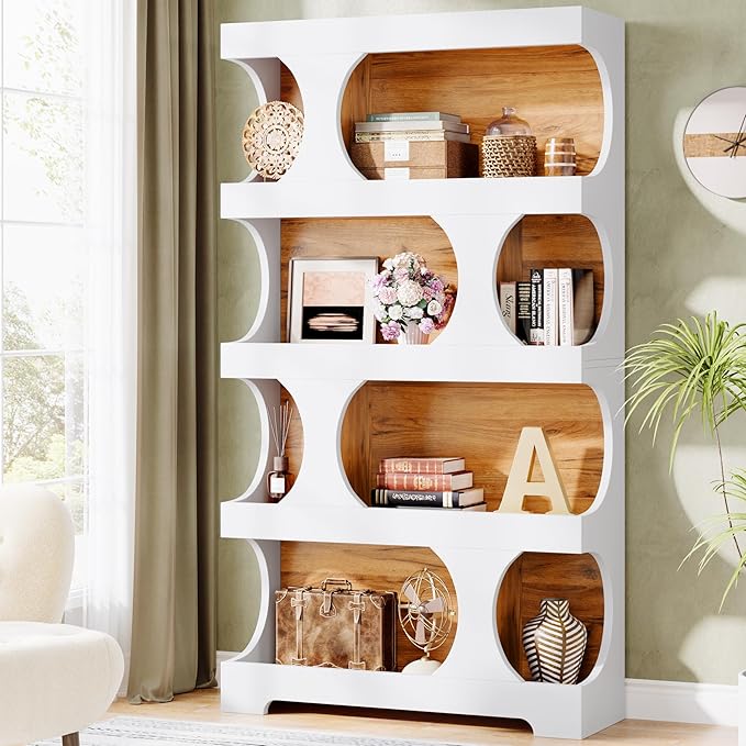 Tribesigns 71" Tall Bookcase, 4-Tier S-Shaped Bookshelf, Wood Decorative Storage Shelving, Modern Freestanding Display Shelves, Large Library Book Shelf Unit for Home Office Living Room, White & Brown