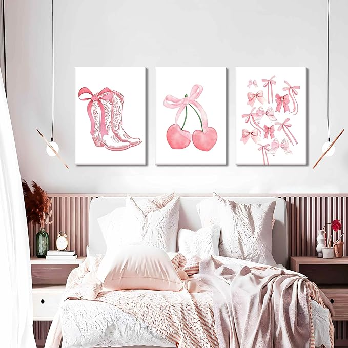 Fashion Pink Bows Wall Art Set of 3, Preppy Watercolor Cherry Cowboy Boots Wall Decor Posters, Cute Aesthetic Room Decor Canvas Prints Picture for College Girl Apartment Bedroom 12x16 Inch Framed