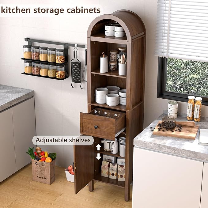 Lxsxlome 64" Tall Bathroom Storage Cabinet with Adjustable Shelves,Tall Narrow Arched Freestanding Tower Cabinet with Fluted Doors and Drawers,Space Saving Organizer for Bathroom Living Room (Walnut)