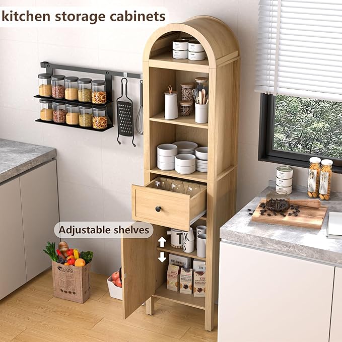Lxsxlome 64" Tall Bathroom Storage Cabinet with Adjustable Shelves,Tall Narrow Arched Freestanding Tower Cabinet with Fluted Doors and Drawers,Space Saving Organizer for Bathroom Living Room (Oak)