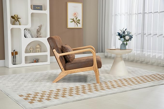 KEIKI Mid Century Modern Accent Chair Wood Frame, Cotton Linen Warm Lounge Armchair for Living Room Bedroom Reading Nook Small Space, Rustic Seat with Waist Cushion, Padded, Easy Setup, Antique Brown
