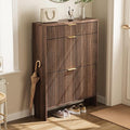 Fluted Shoe Cabinet Storage with 2 Flip Drawers & 1 Drawers, Wood Narrow Hidden Shoe Cabinet for Entryway, Freestanding Slim Shoe Rack Organizer for Foyer Hallway Living Room(Walnut)