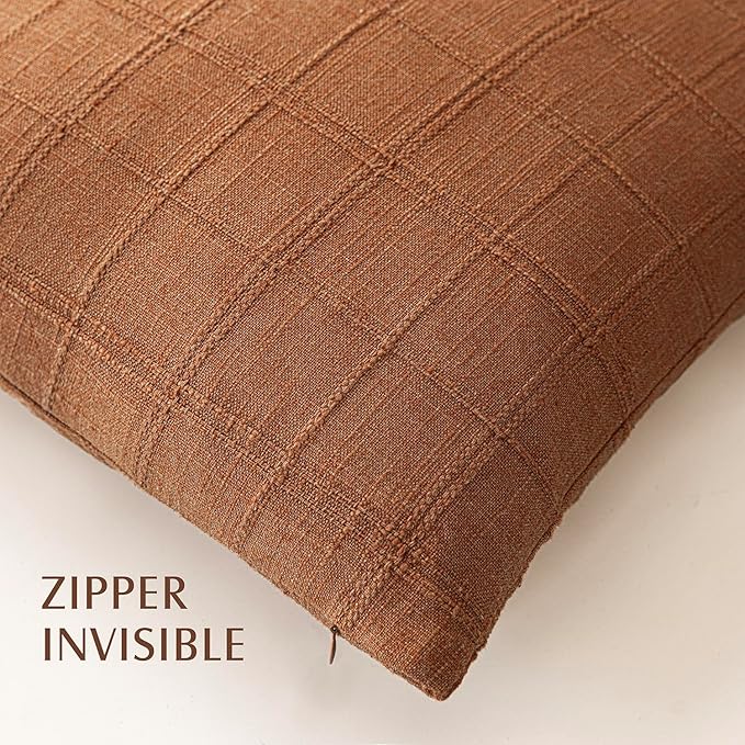 Foindtower Set of 2 Decorative Linen Check Throw Pillow Covers Neutral Farmhouse Vintage Cushion Covers Modern Boho Home Decor for Sofa Chair Couch Bedroom Living Room,26×26 Inch,Orange
