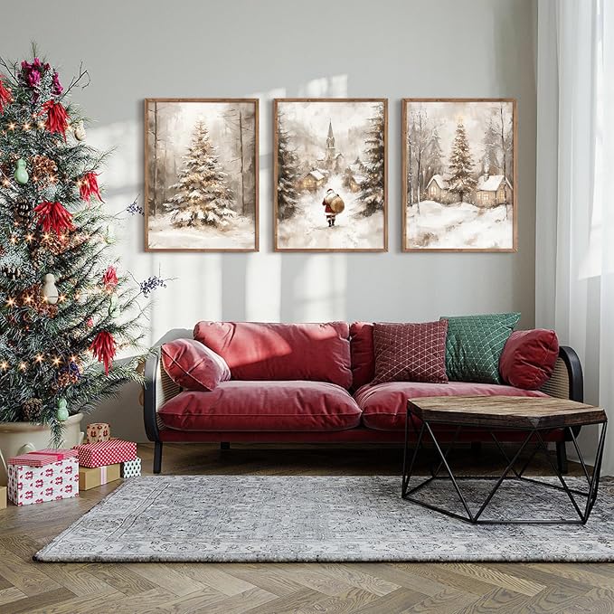 Christmas Wall Art Decor Winter Santa Pictures Vintage Christmas Canvas Poster Snowy Pine Trees Wall Art Xmas Forest Prints Santa Claus Painting Artwork for Bedroom Living Room 16x24x3 Inch Unframed