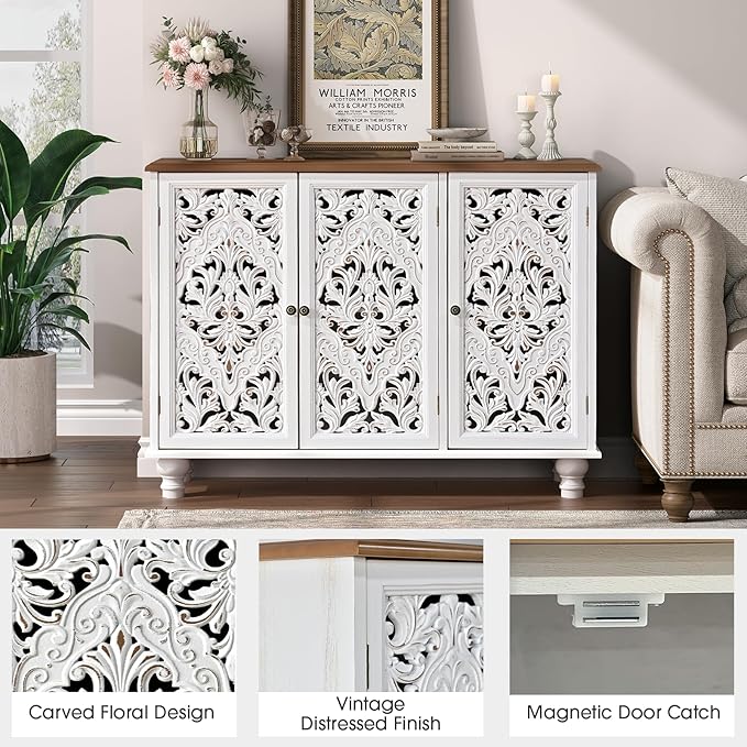 JOINICE 43" Accent Cabinet with 3 Carved Doors, White Farmhouse Buffet Cabinet with Storage & Solid Wood Legs, Boho Sideboard Console Table for Living Room, Entryway, Dining Room, Coffee Bar