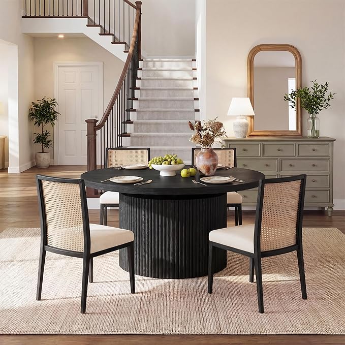 HUAHUU Extendable Round Dining Table for 4-8, 39in-77in Long Large Kitchen Table with Fluted Base, Space Saving Modern Farmhouse Oval Dinner Tables for Dining Room, Kitchen, Living Room, Natural