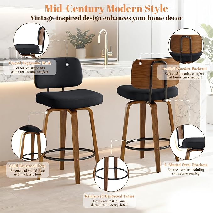 Counter Height Bar Stools Set of 3, 26+inch Swivel Faux Leather Barstool with Back, Upholstered Mid-Century Modern Bar Chairs with Bent Wood Legs for Kitchen Counter, Dining Room, Black