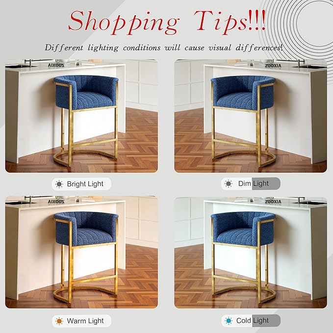 Modern Counter Height Bar Stools,Bar Stools Set of 4,Fabric Upholstered Barrel Barstools with Backs and Arms,26" Kitchen Island Chairs,Mirror Champagne Gold Base/Blue Linen