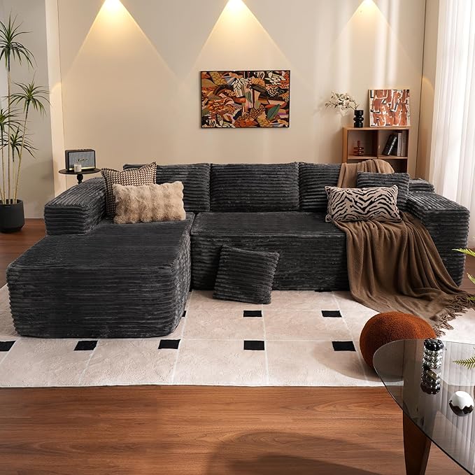 ovios 104" Cloud Boneless Couch with L-Shape Chaise,Modern Sectional Modular Sofa with Deep Seat, Upholstered Couches for Living Room Bedroom,No Assembly Required, Grey (Plush Corduroy Fabric)