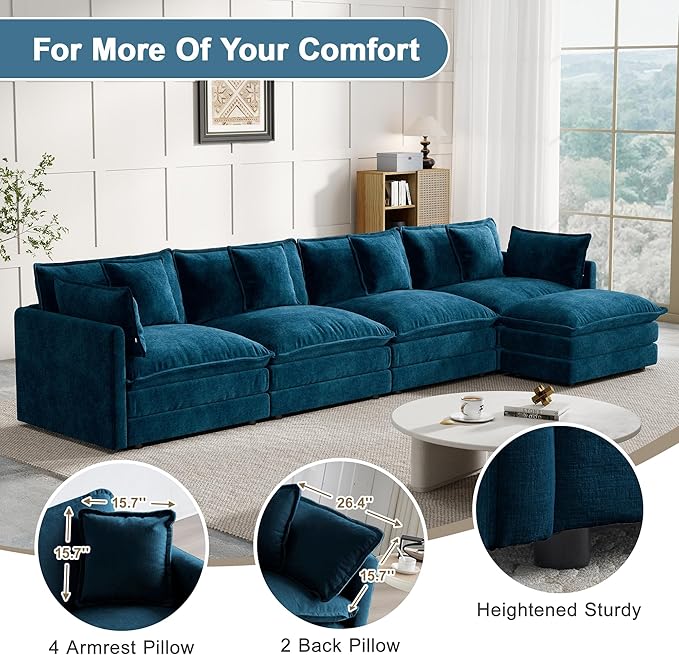 Modular Sectional Sofa, 146.5 Inch L-Shaped Cloud Sofa with Deep Seat Chenille Sofa with Cushions, Four Seater Sectional Sofa for Living Room Apartment,Blue