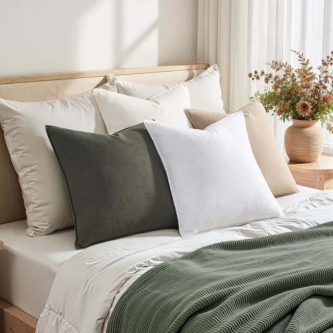 Linen Green Pillow Covers with Flange Design Pack of 4 Decorative OliveGreen Throw Pillow Covers Soft Accent Boho Couch Pillowcases Farmhouse for Living Room Bed Sofa 16x16 Inch