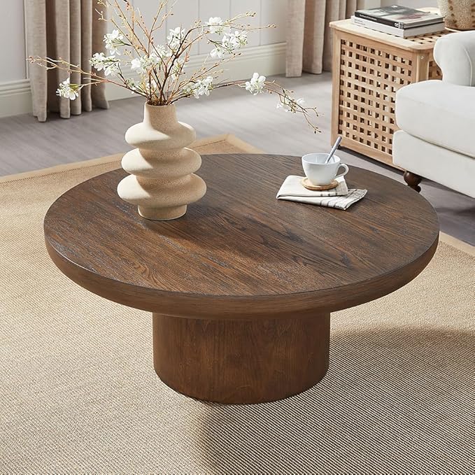 Round Wood Coffee Table for Living Room Modern Circle Coffee Table Pedestal Center Table for Apartment, Easy Assembly Brown