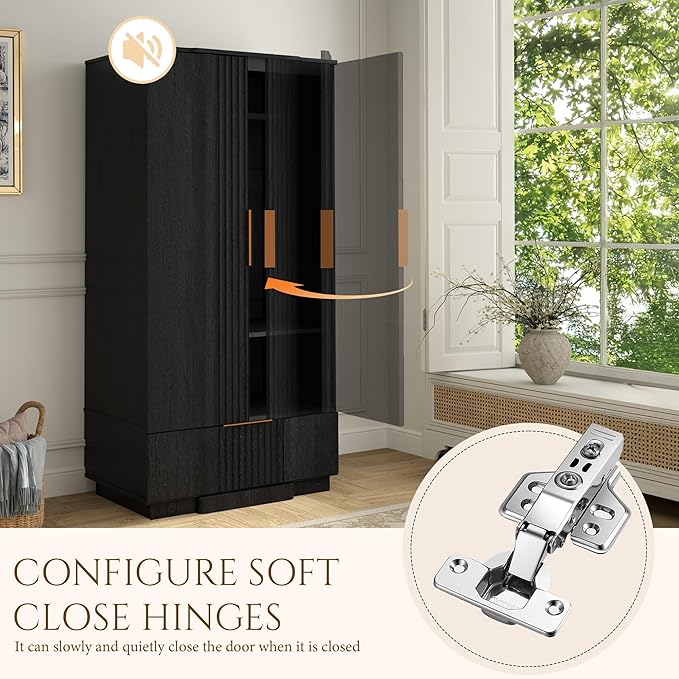 Yechen 67" Fluted Armoire Wardrobe Closet with Doors and Drawer, Wooden Wardrobe Closet Cabinet with Adjustable Shelve, Modern Small Armoires Storage Clothes, Coats for Bedroom, Black