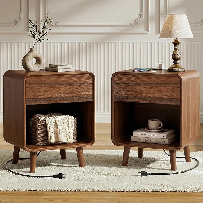 Nasonet Small Night Stand Set 2, 17.7'' Wide Bedside Table with Charging Station, Mid Century Modern Nightstands with Drawers, End Table for Living Room, Curved Beveled Design, Walnut
