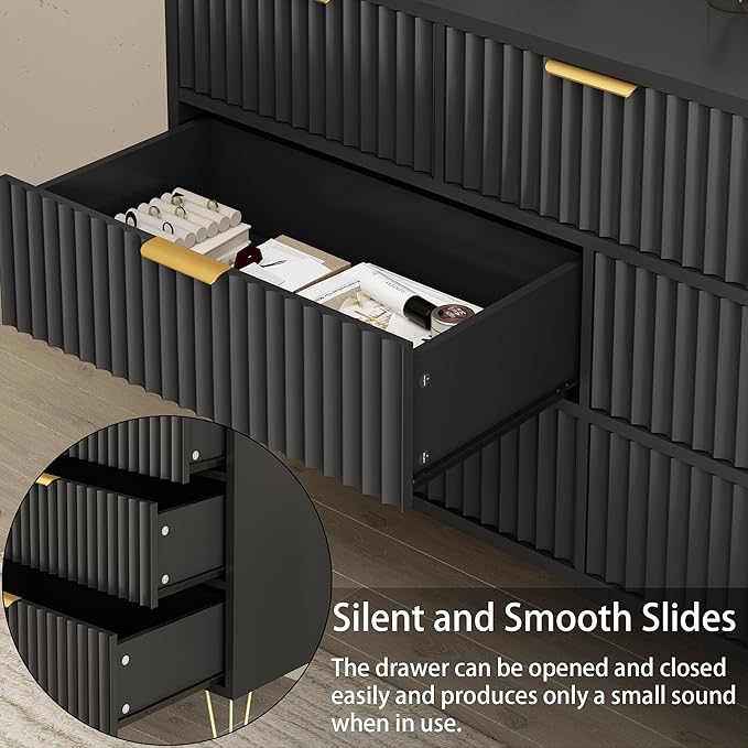 Black Dresser for Bedroom, 7 Drawers Dresser with Golden Handles, Modern Wood Chest for Living Room, Hallway, Entryway