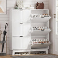 HUANLEGO Shoe Cabinet Storage for Entryway with 6 Flip Drawers, Fluted Narrow Shoe Organizer with Wooden Legs, Freestanding Slim Shoe Storage Hidden Shoe Rack Organizer for Front Door Entrance, White